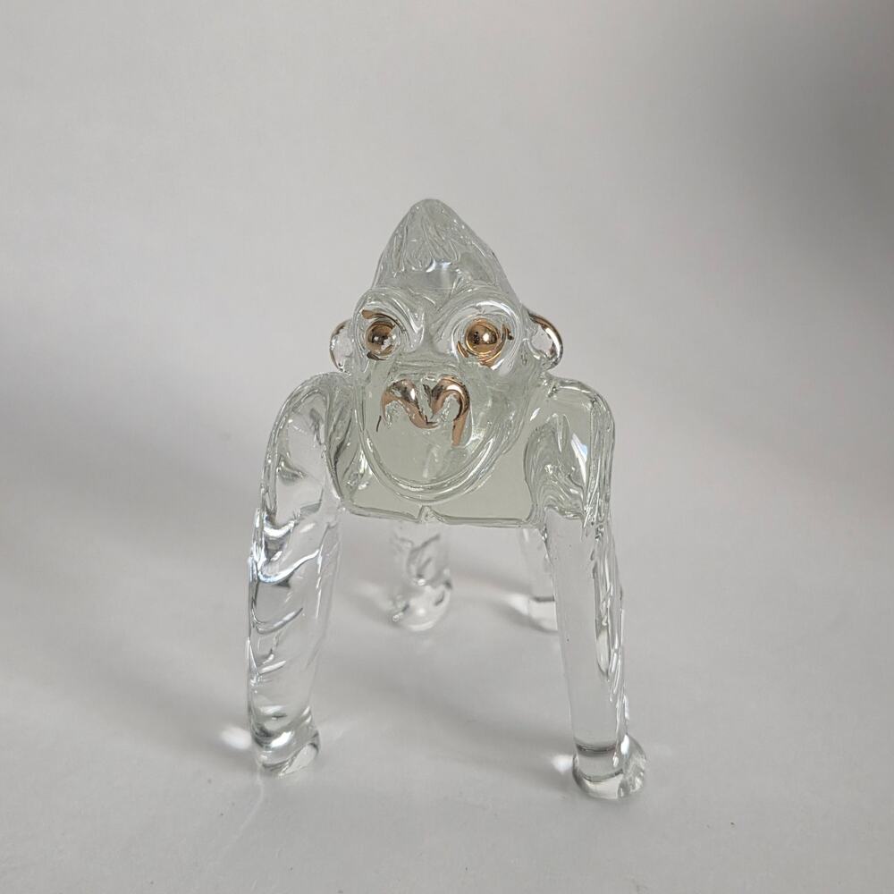 Clear Glass Gorilla Figurine with Gold Accents Decorative Animal Collectible